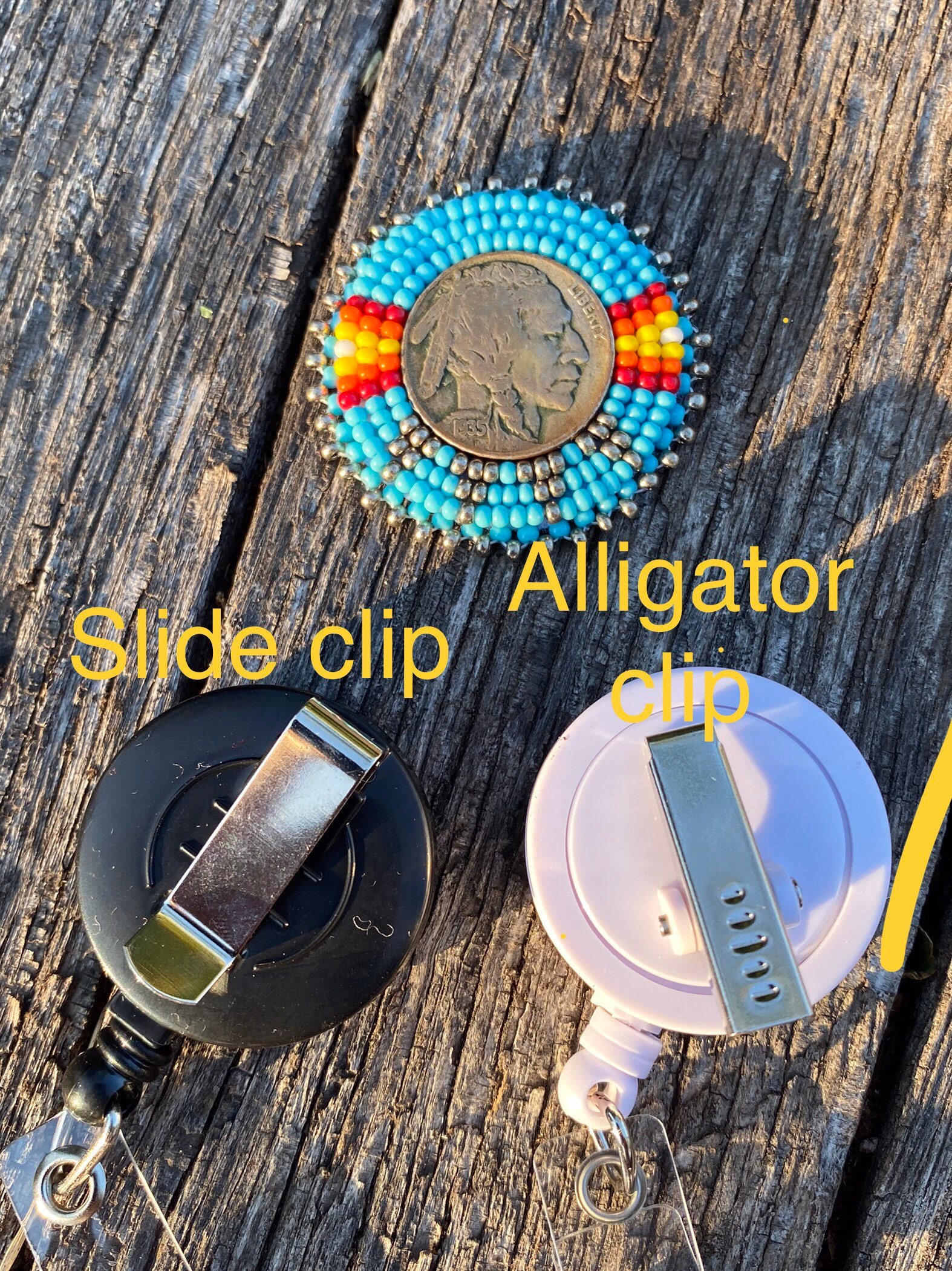 Beaded Badge Reel, Native American Beaded Badge Holder, Indigenous Beadwork,  Beaded ID Holder, ID Card Reel, Buffalo Nickel Beaded ID Reel 