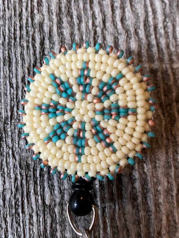 Turquoise & Copper Beaded Badge Reel, Native American Beaded Badge