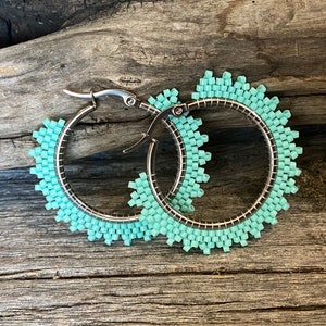 1 1/2” inch mint beaded hoop earrings, lightweight earrings
