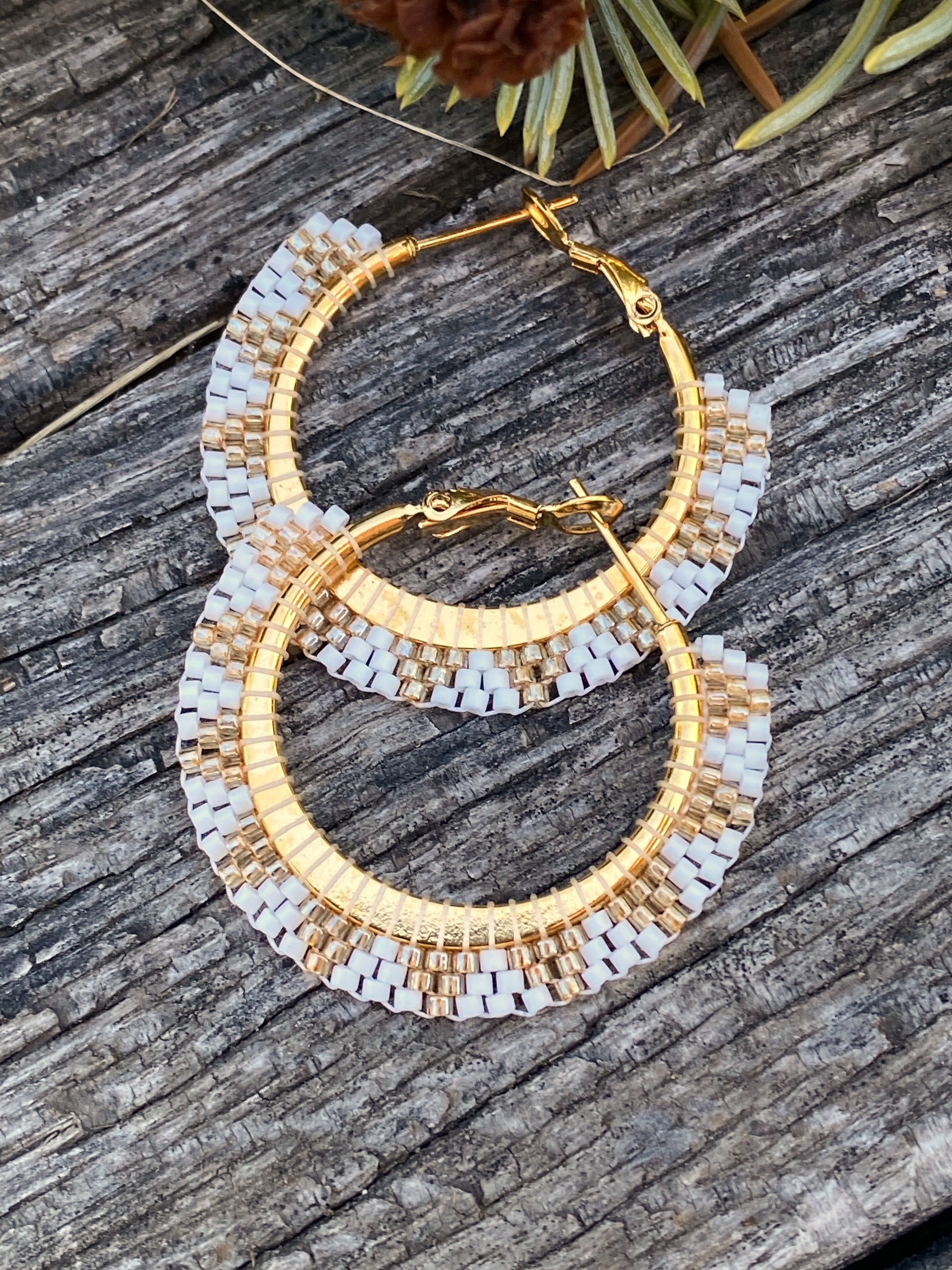 1 1/2” inch gold & white beaded hoop earrings, gold hoop earrings, summer earrings, white hoops, light earrings