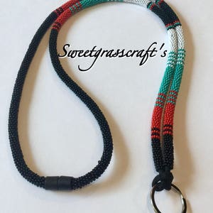 Black turquoise red white beaded safety lanyard, breakaway badge lanyard, ID holder, cruise essential