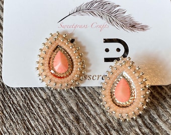 Peach beaded earrings, Native earrings, peach teardrop earrings, Native Beadwork, Unique beaded earrings