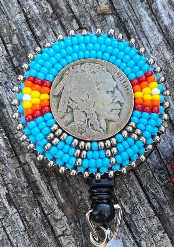 Beaded badge reel, Native American beaded badge holder, Indigenous beadwork, beaded ID holder, ID card reel, buffalo nickel beaded ID reel