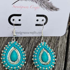 Turquoise beaded earrings, Native beaded earrings, Blue teardrop earrings, Unique beaded earrings
