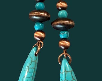 Turquoise dagger with copper accent earrings