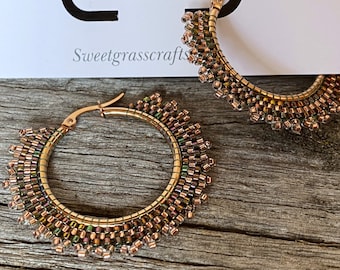 Rose gold iridescent beaded hoop 5cm earrings, 2 ”beaded hoop earrings, beaded hoop earrings, copper earrings