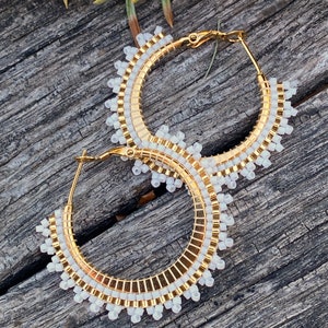 1 or 1 1/2” inch gold & white beaded hoop earrings, gold hoop earrings, summer earrings, white hoops, light earrings