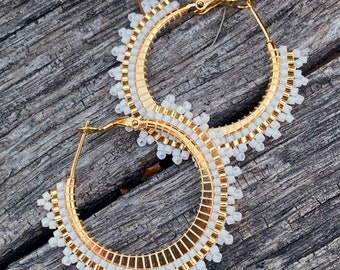 1 or 1 1/2” inch gold & white beaded hoop earrings, gold hoop earrings, summer earrings, white hoops, light earrings