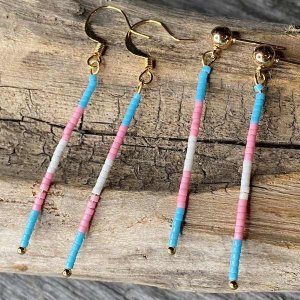 Transgender Bar earrings, beaded transgender stick earrings, dainty trans earrings, simple earrings, modern earrings, beaded bar earrings