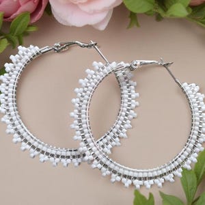 2&quot; silver & white beaded hoop earrings, beaded silver hoop earrings, summer earrings, white hoops