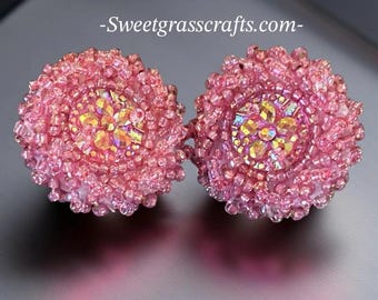 Beaded small pink round earrings