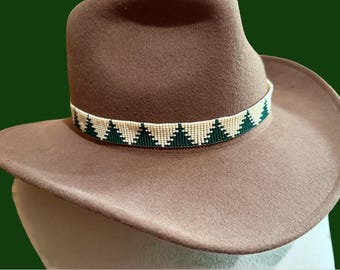 Beaded cream & green pine tree hat band