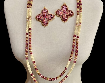 Red Golded beaded double rope necklace with earrings, Native American set