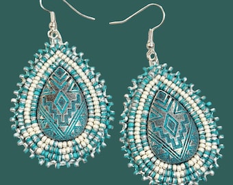 Southwest teardrop silver & turquoise beaded earrings