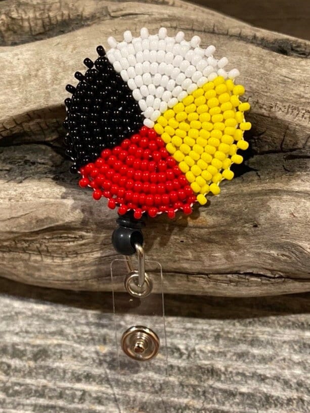 Beaded medicine wheel badge reel, Native American beaded badge holder, Indigenous beadwork, beaded ID holder, ID card reel