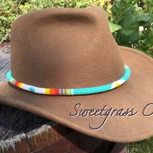 Turquoise round beaded hat band, fedora hat band, western hat band, cowboy hat band, ladies beaded hat band, western fashion, round hat band