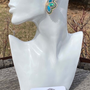 Small green gold beaded earrings, Native American beaded earrings, Indigenous beadwork, beaded Mardi Gras earrings image 4