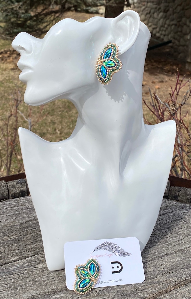 Small green gold beaded earrings, Native American beaded earrings, Indigenous beadwork, beaded Mardi Gras earrings image 4