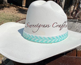 Beaded Cowboy Hat band, ladies beaded hatband, White hat band, one of a kind, feather hatband