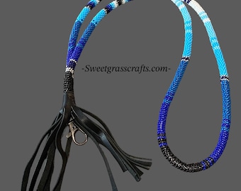 Beaded blue & white safety breakaway lanyard with fringe