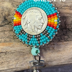 Beaded badge reel, Native American beaded badge holder, Indigenous beadwork, beaded ID holder, ID card reel, buffalo nickel beaded ID reel image 6