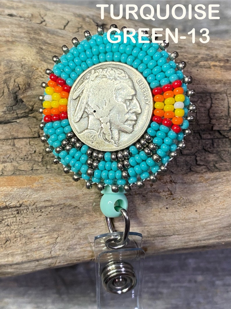 Beaded badge reel, Native American beaded badge holder, Indigenous beadwork, beaded ID holder, ID card reel, buffalo nickel beaded ID reel image 6