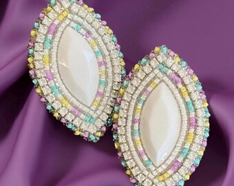 Pastel Beaded Statement Earrings, 2” white colorful earrings