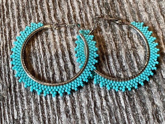 2 Inch Turquoise Beaded Hoop Earrings Beaded Hoop Earrings