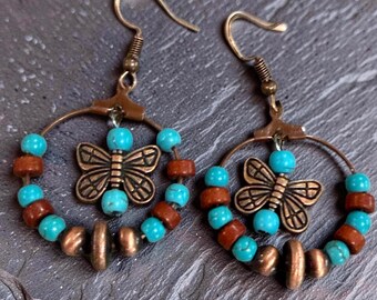 Butterfly turquoise hoops