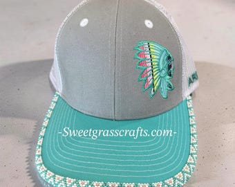 Beaded Ariat Turquoise Chief baseball cap, Native American turquoise beaded trucker hat,