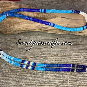 Beaded blue & white lanyard, safety lanyard, breakaway lanyard, beaded badge holder, long keychain, beaded ID holder, cruise essential