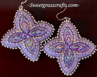 Native American beaded flower earrings, beaded purple & silver beaded earrings