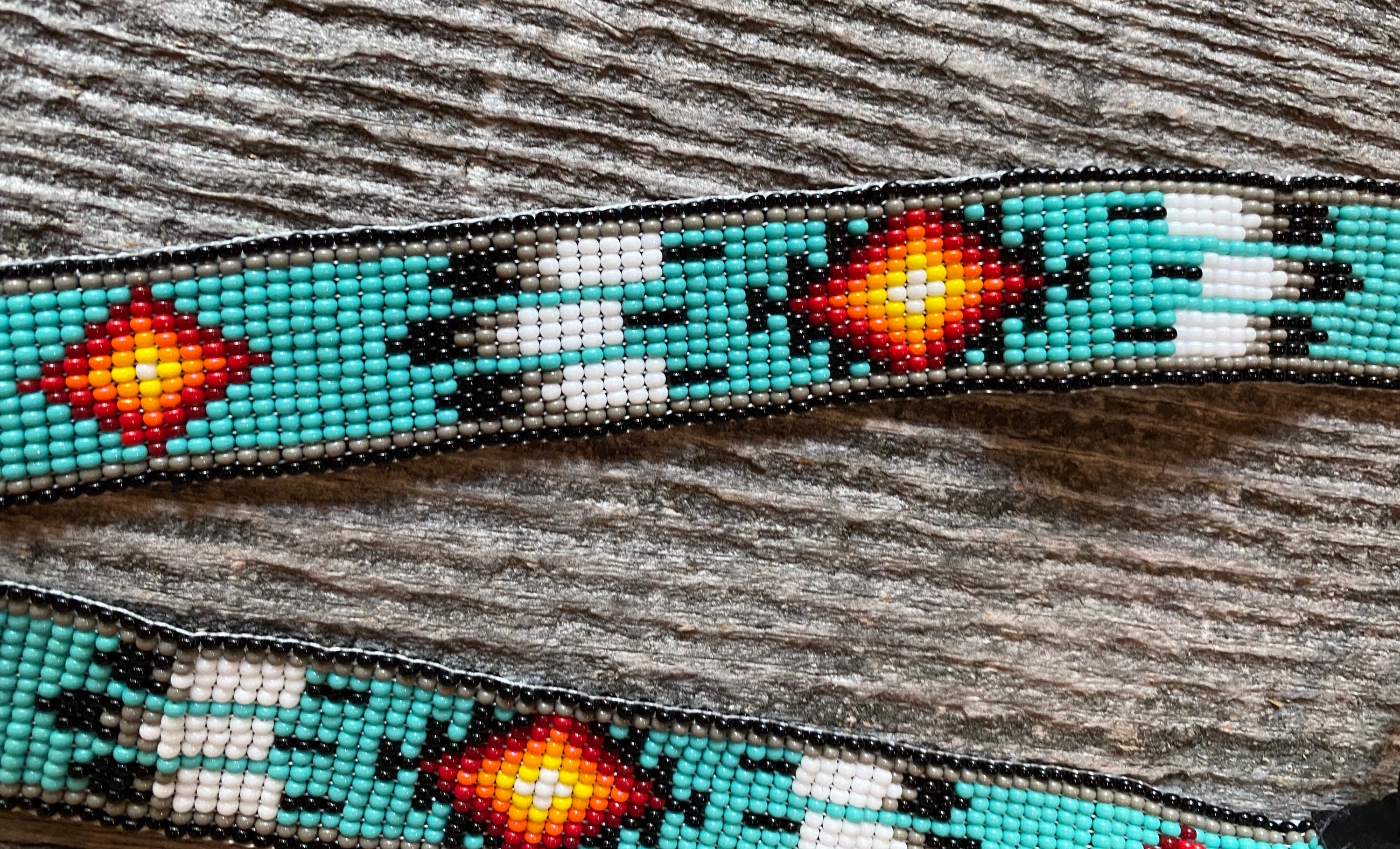 2734 Cowboy Hat Band Feather And Vibrant Blue Turquoise Bead Weave Long Beaded Turquoise Cowboy Hat Band, Native American Beaded  main image 3