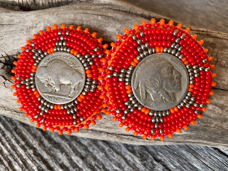 Buffalo Nickel Coin Earrings Beaded Indian Head Nickel Etsy
