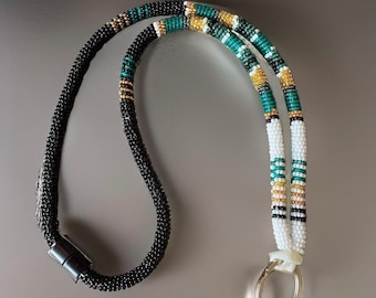 Teal Lanyard, 17 or 21” Breakaway Lanyard, Beaded Lanyard, Teal & gold Lanyard, Badge holder, long keychain