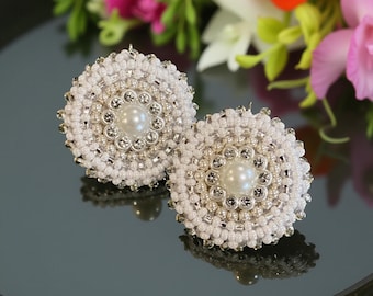 Small stylish beaded wedding earrings, white & pearl beaded dangle earrings