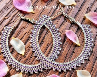 2" inch lavender purple matte beaded hoop earrings, beaded purple & silver hoop earrings