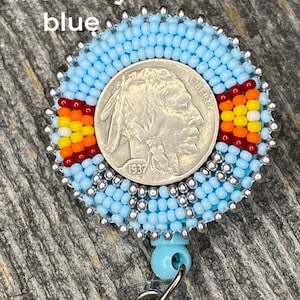 Beaded badge reel, Native American beaded badge holder, Indigenous beadwork, beaded ID holder, ID card reel, buffalo nickel beaded ID reel image 3