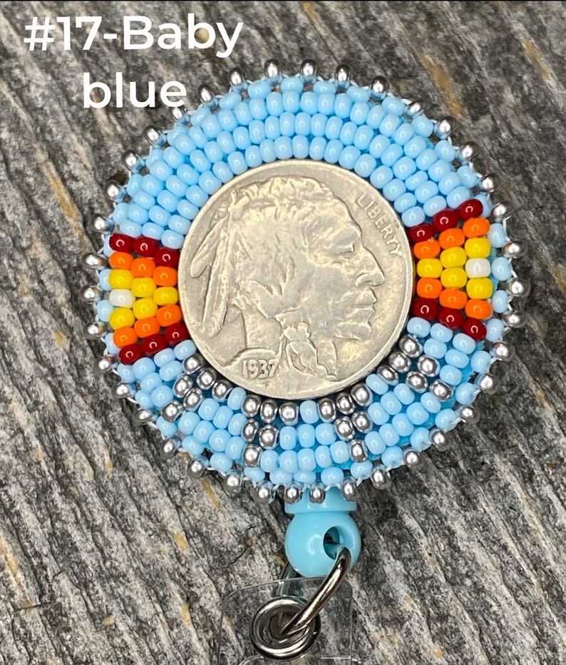 Beaded badge reel, Native American beaded badge holder, Indigenous beadwork, beaded ID holder, ID card reel, buffalo nickel beaded ID reel image 3