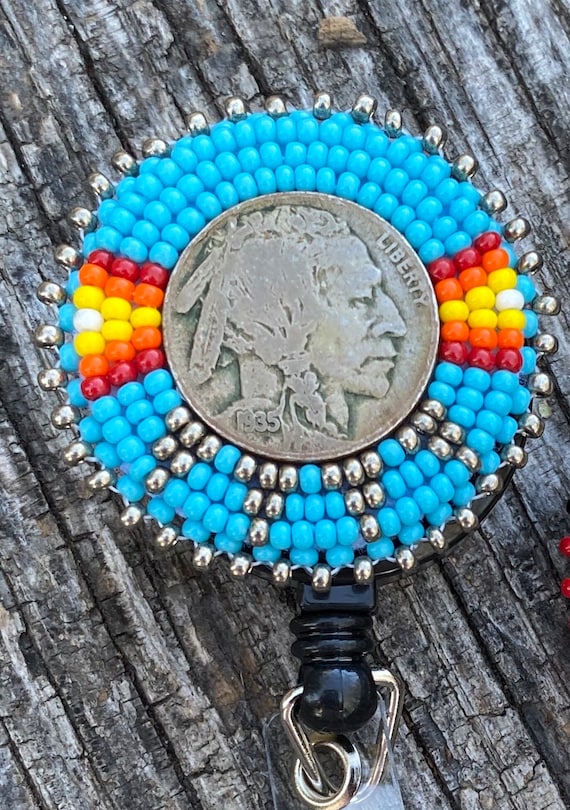 Beaded Badge Reel, Native American Beaded Badge Holder, Indigenous  Beadwork, Beaded ID Holder, ID Card Reel, Buffalo Nickel Beaded ID Reel -   Canada