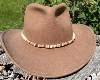 Cream, red & gold beaded round hatband, Indigenous beaded round necklace