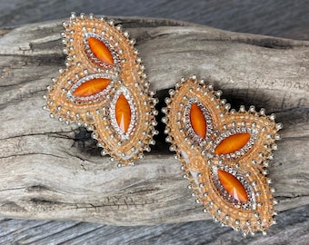 Native American beaded orange earrings, western, butterfly earrings, flower earrings, fall beaded earrings, powwow earrings