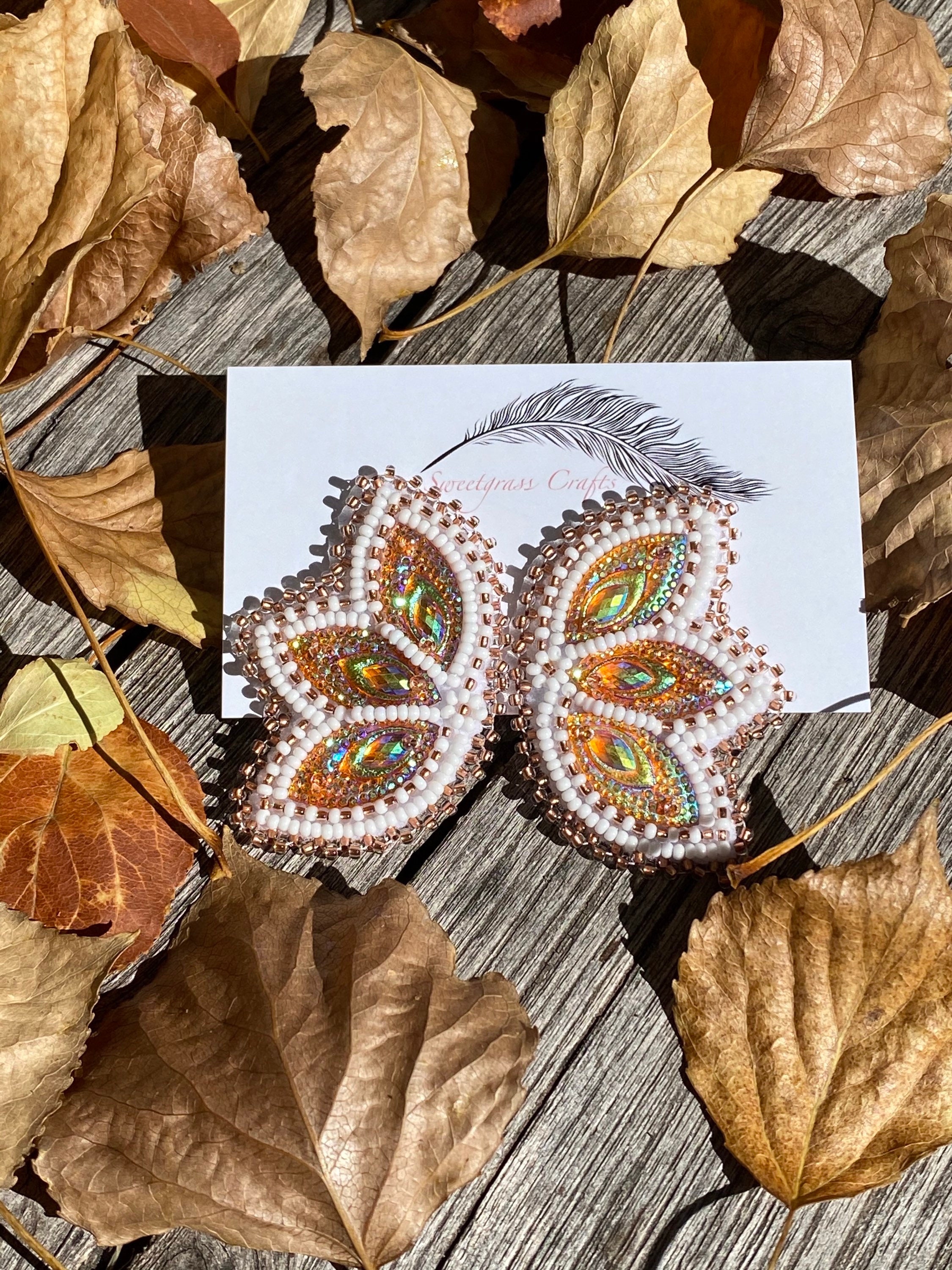 Native American Beaded Hoop Earrings Handmade Native Style Beaded Earrings - Copper &amp; White Delica Eagle Design - Ethnic Jewelry Native Beadwork Earrings