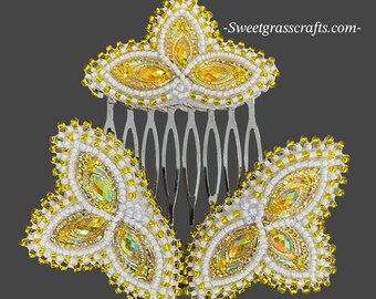Beaded yellow & white earring set with beaded comb