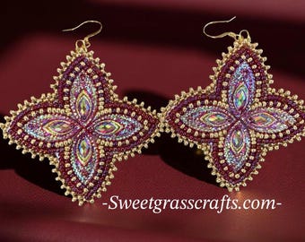 Native American beaded red flower earrings, beaded red & gold beaded earrings