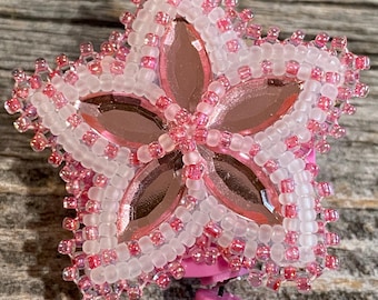 Beaded pink & white badge reel, Native American beaded badge holder, Indigenous beadwork, beaded ID holder