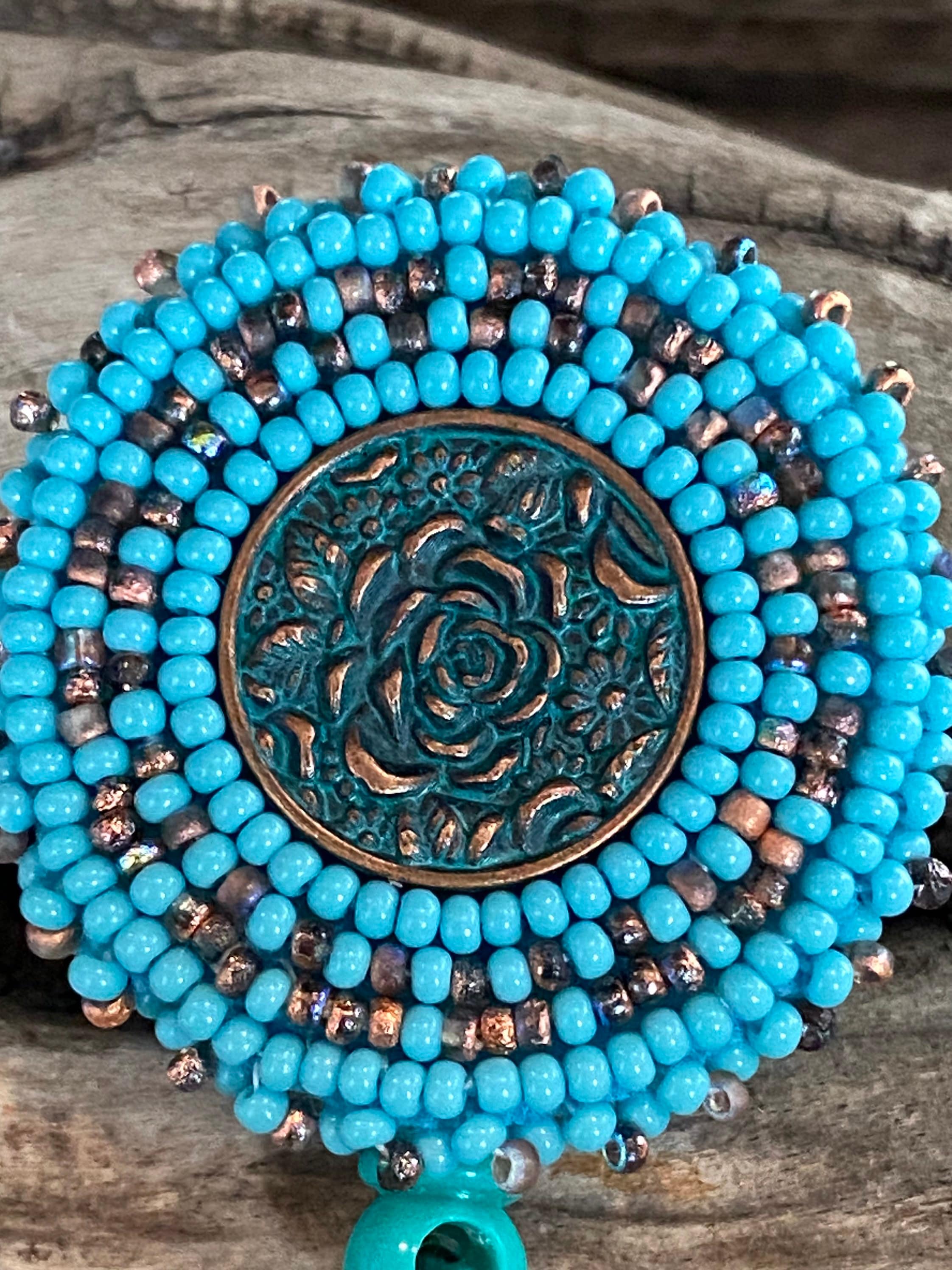 Beaded Copper Badge Reel, Native American Turquoise Beaded Badge Holder,  Indigenous Beadwork, Beaded ID Holder, ID Card Reel 