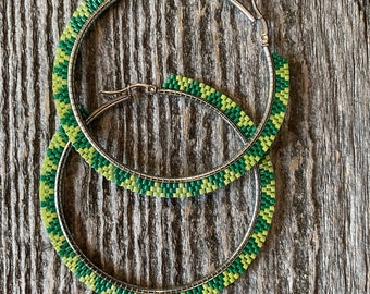 3 inch beaded green hoop earrings, bold earrings