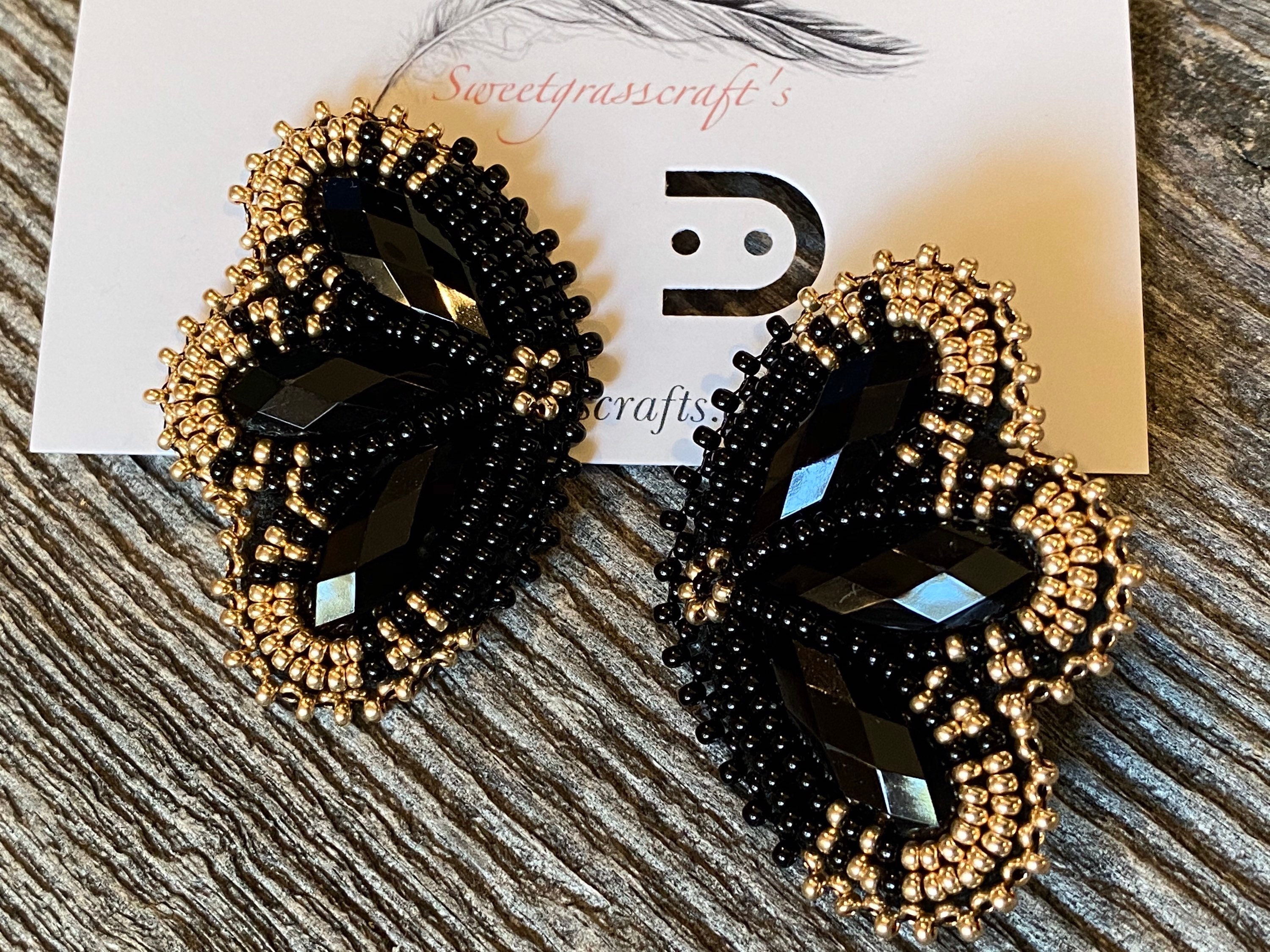 Native American Beaded Black Earrings, Black & Gold Beaded Earrings, Flower  Earrings, Unique Beaded Earrings, Powwow Earrings -  Finland