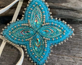 First Nations beaded blue & silver necklace, beaded star necklace,